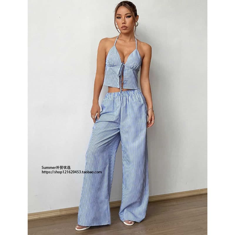 Striped Lace-Up Vest and Trousers Suit