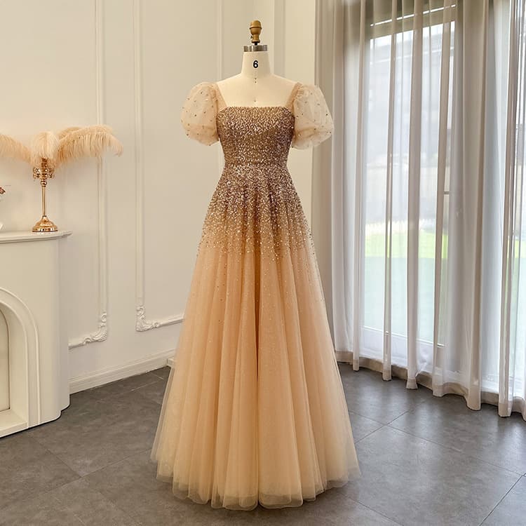 Champagne Square Neck Sequin Beaded Dress Puff Sleeve Straps Host Art Examination Wedding Banquet Toast Dress Ss109L
