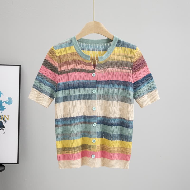 Striped Ice Silk Knit Sweater V-Neck Short-Sleeved Women's Spring and Autumn 2025 New Design Niche Slim-Fit Thin T-Shirt Top