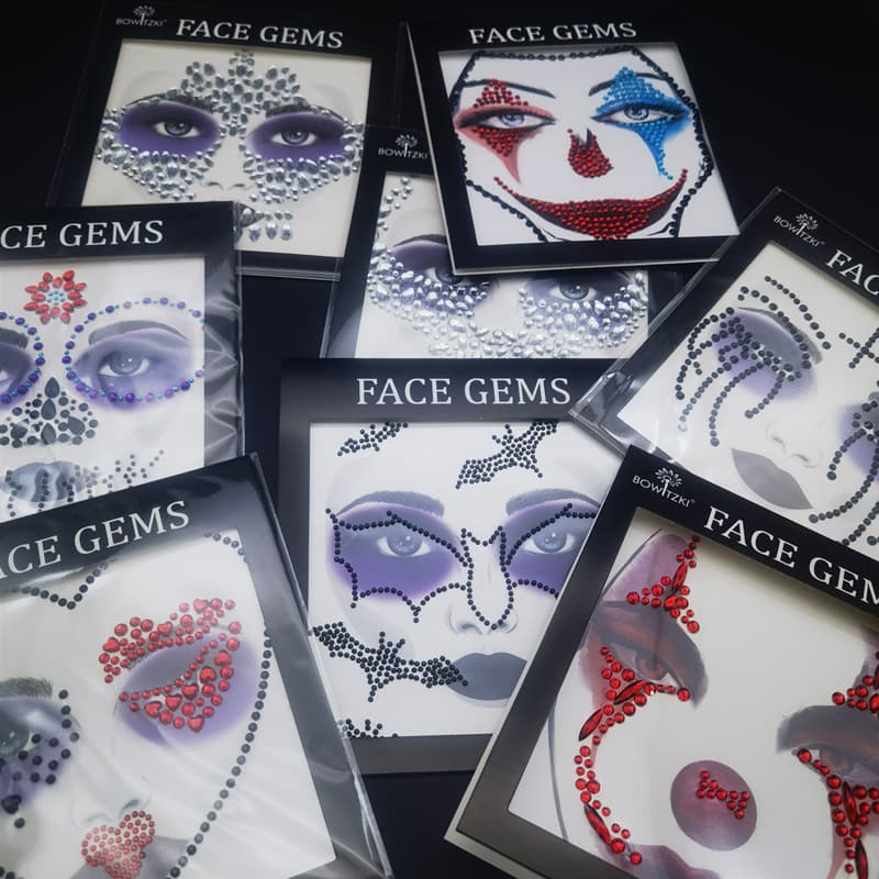 Halloween Face Stickers with Rhinestones for the Forehead, Dark Eye Makeup, Masquerade Clown Makeup, Face Decoration