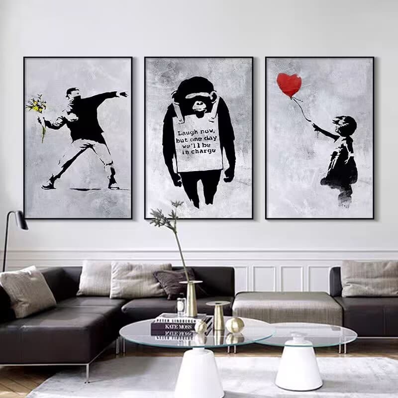 Banksy Decorative Painting for Room, Bedroom, Bedside Hanging Painting, Trendy Graffiti Art, Living Room, Milk Tea Shop Mural