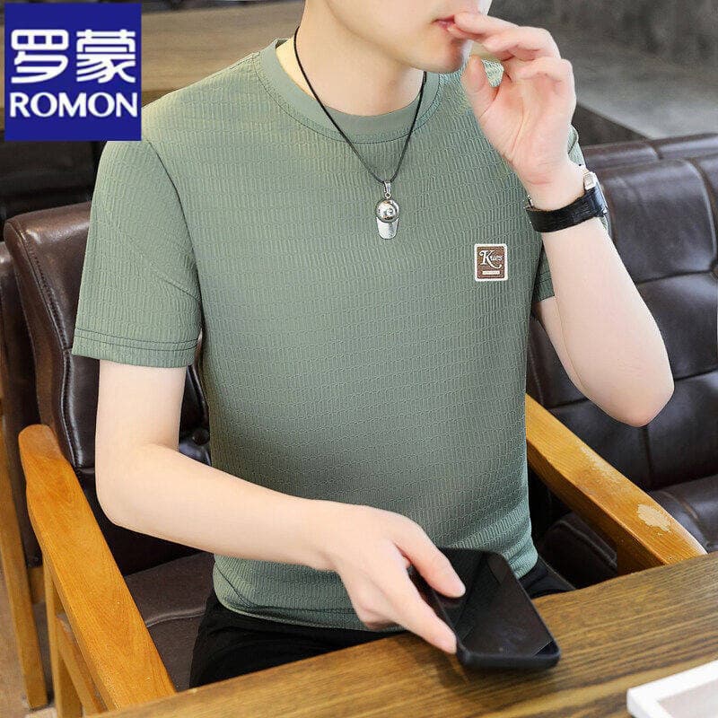 Romon Ice Silk Short-Sleeve T-Shirt for Men, Summer Thin Breathable Slim-Fit Top, Trendy T-Shirt, Hollow-Out Half-Sleeve
