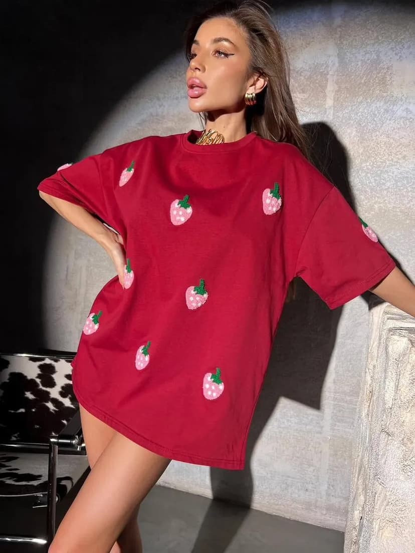 European and American New Strawberry Print Loose Print Street Style Trendyy T-Shirt Strawberry Print T-Shirt
