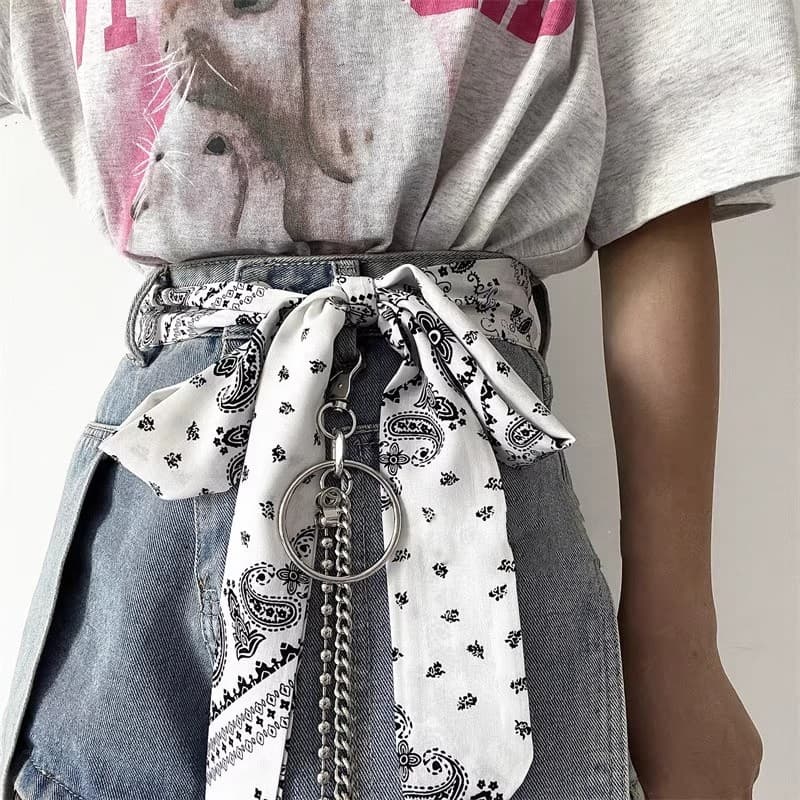 White Paisley Scarf Belt for Women, Paired with Jeans, Korean Style, Ins Harajuku Style Accessory, Decorative Pants Chain