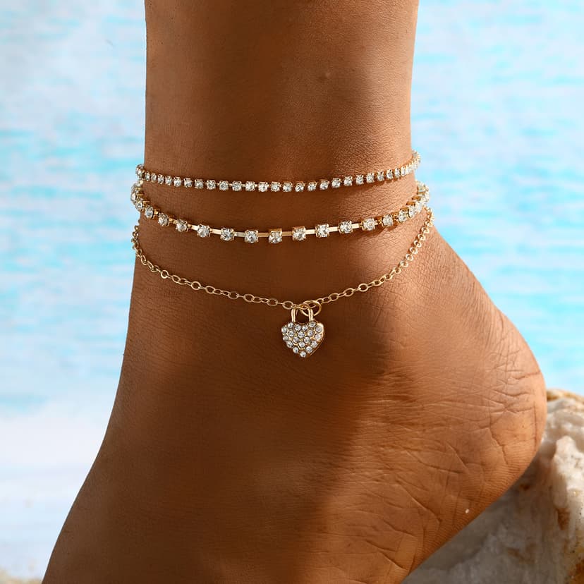 3-Piece Ankle Chain Set European and American Cross-Border Jewelry Fashion Rhinestone Heart Zircon Anklet 3-Piece Set