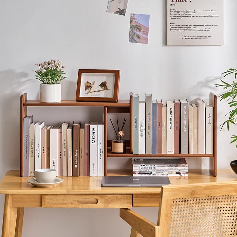 Desktop Solid Wood Bookshelf Desktop Retractable Storage Rack Work Station Small Shelf Home Student Dormitory Desk Storage Bookcase