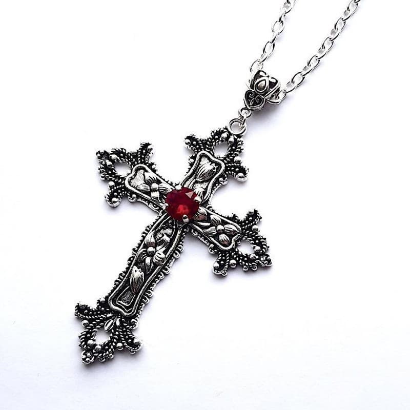 Cross Long Necklace for Women Cross-Border Floral Cross with Diamond-Studded Gothic Style Jewelry