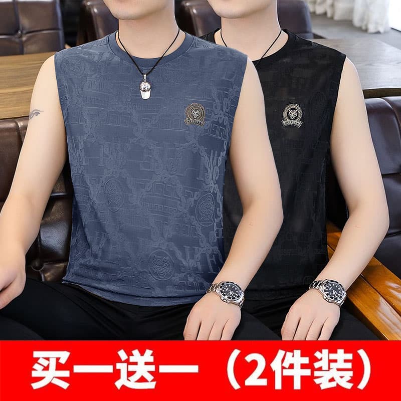 High-End Summer Vest Sleeveless Ice Silk T-Shirt Men's Trendyy Vest Sweatshirt Casual Fitness Outer Wear Men's Handsome