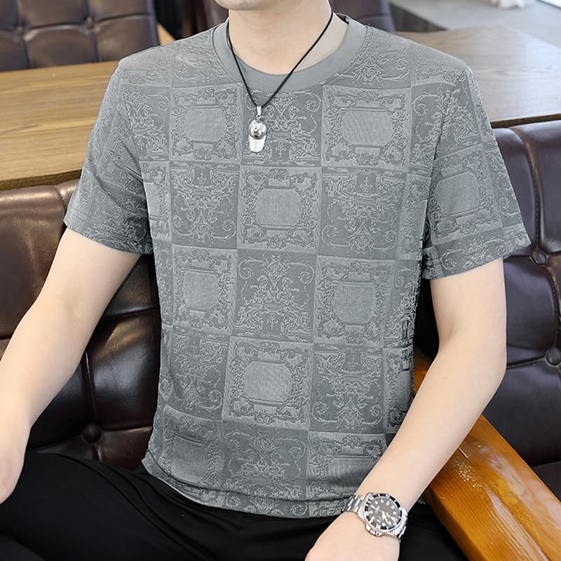 High-End Mulberry Ice Silk Men's Short-Sleeve T-Shirt, Trendy and Versatile, Fashionable Round Neck Jacquard Breathable Top for Young and Middle-Aged Men