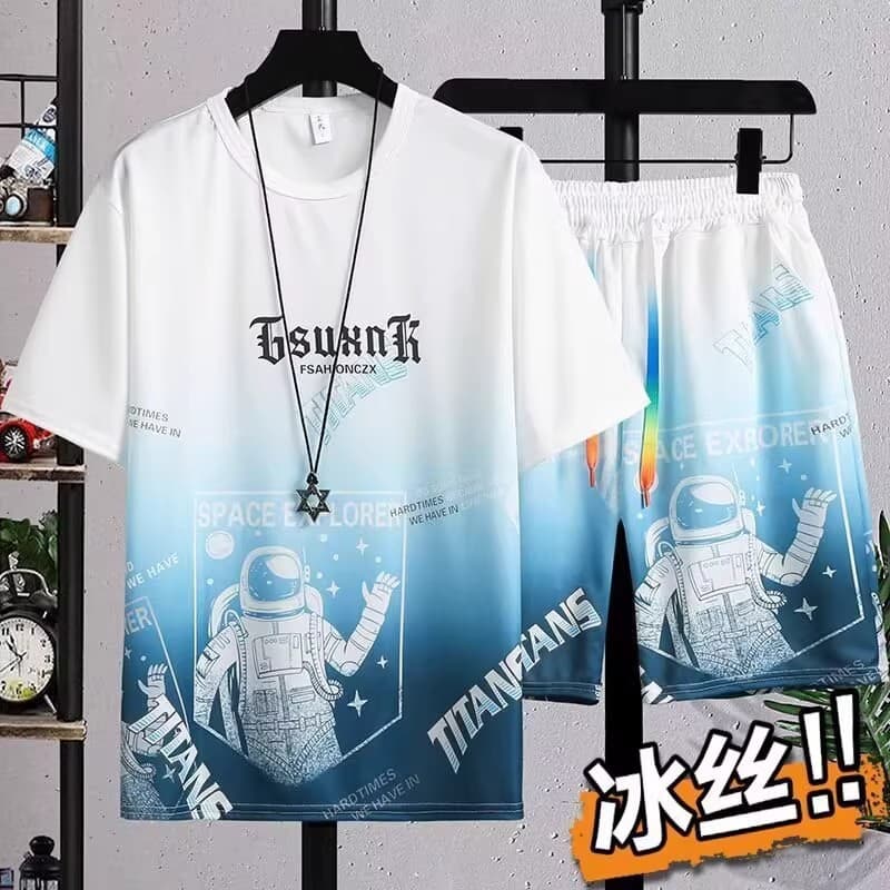 Men's Casual Suit, Summer, Handsome Outfit for Teenagers, Ice Silk Short-Sleeved Shorts Two-Piece Set, Quick-Drying Sportswear, Trendy