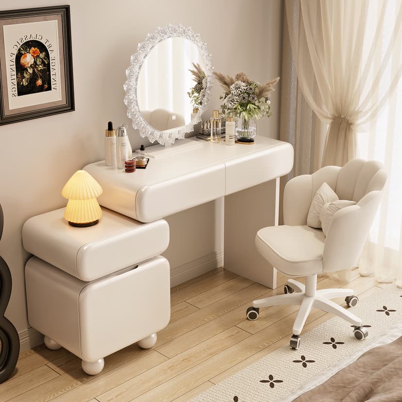 Dressing Table with Lacquered Bedside Table, Integrated Cream-Style Bedroom, Simple Modern 2025 New Model, Makeup Table, Light Luxury and High-End
