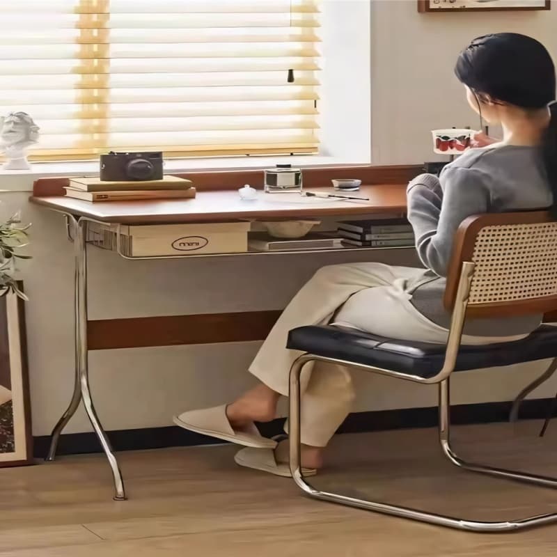 Living Room Desk, Study Room, Italian Minimalist French-Style Reading and Study Table, Light Luxury, High-End Stainless Steel Solid Wood Writing Desk