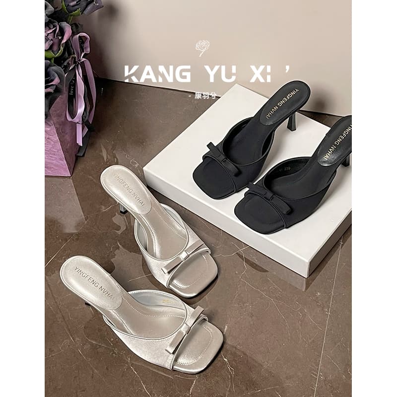 Beautiful Black Elegant High-Heeled Sandals for Women with Thin Heels 2025 Summer New Style Bow-Tie Thin-Heeled Open-Toe Sandals for Outdoor Wear