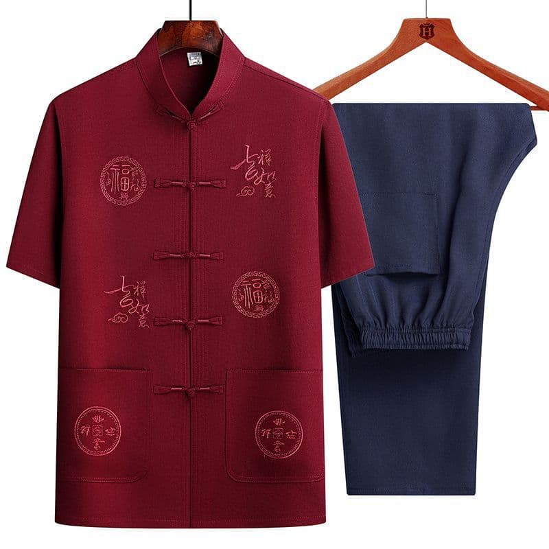 Middle-Aged and Elderly Men's Short-Sleeved Shirts, Summer New Chinese-Style Men's Clothing, Dad's Suit, Two-Piece Shirt Set, Elderly Tang Suit, Grandpa
