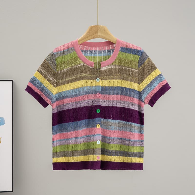 Rainbow Color-Blocked Striped Knit Cardigan, New Stylish Summer 2025 Base Layer Top