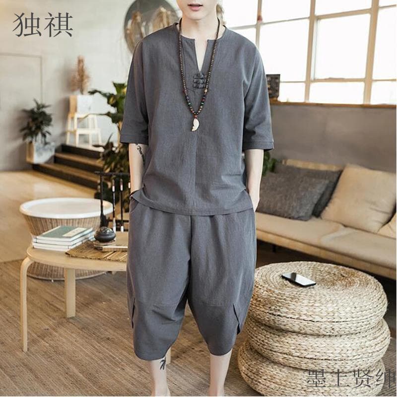 Linen Short-Sleeved Men's T-Shirt Set, Summer Chinese Style Loose V-Neck Half-Sleeved Top, Cotton and Linen Large Size Pants Two-Piece Set