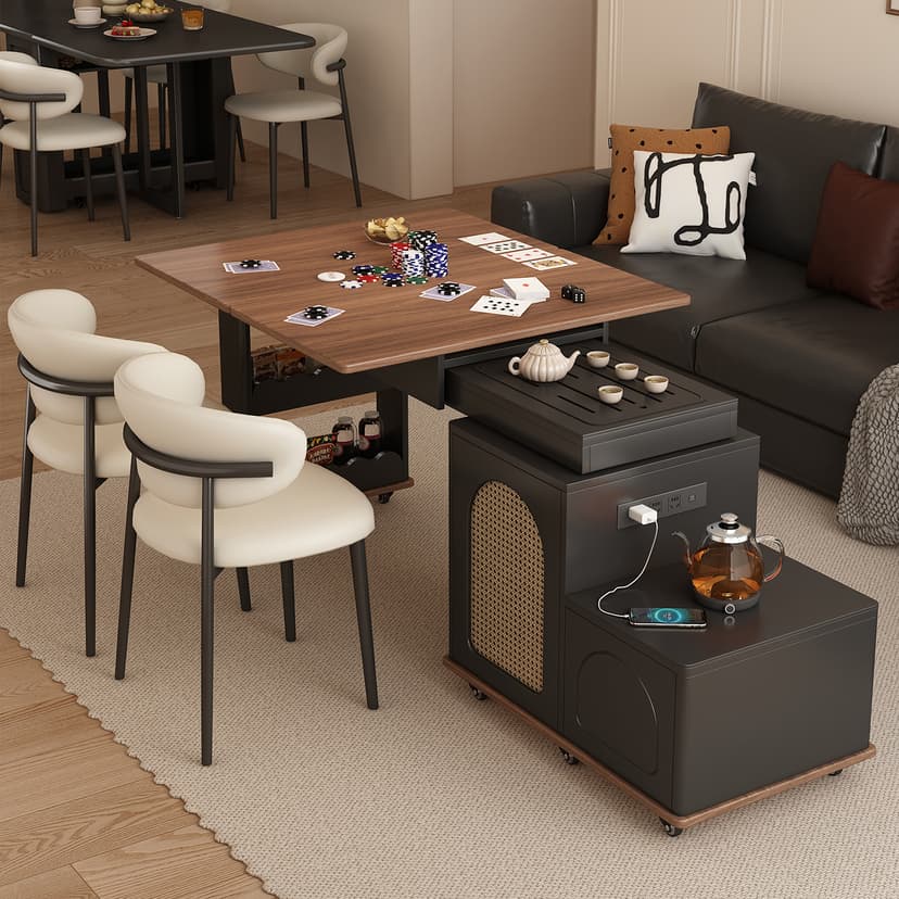 Medieval Style Retractable Water Boiling Cabinet Tea Table Integrated Home Living Room Multi-Functional Mobile Coffee Table with Wheels Tea Bar Cabinet