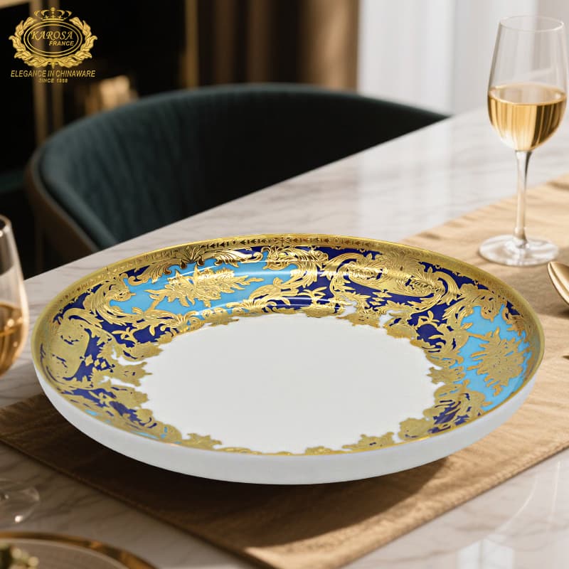 European-Style Bone China Embossed Gold 12inch Well Plate, Deep Plate, Stir-Fry Plate, Round Plate, Household Steamed Fish and Minced Pepper Fish Head Plate