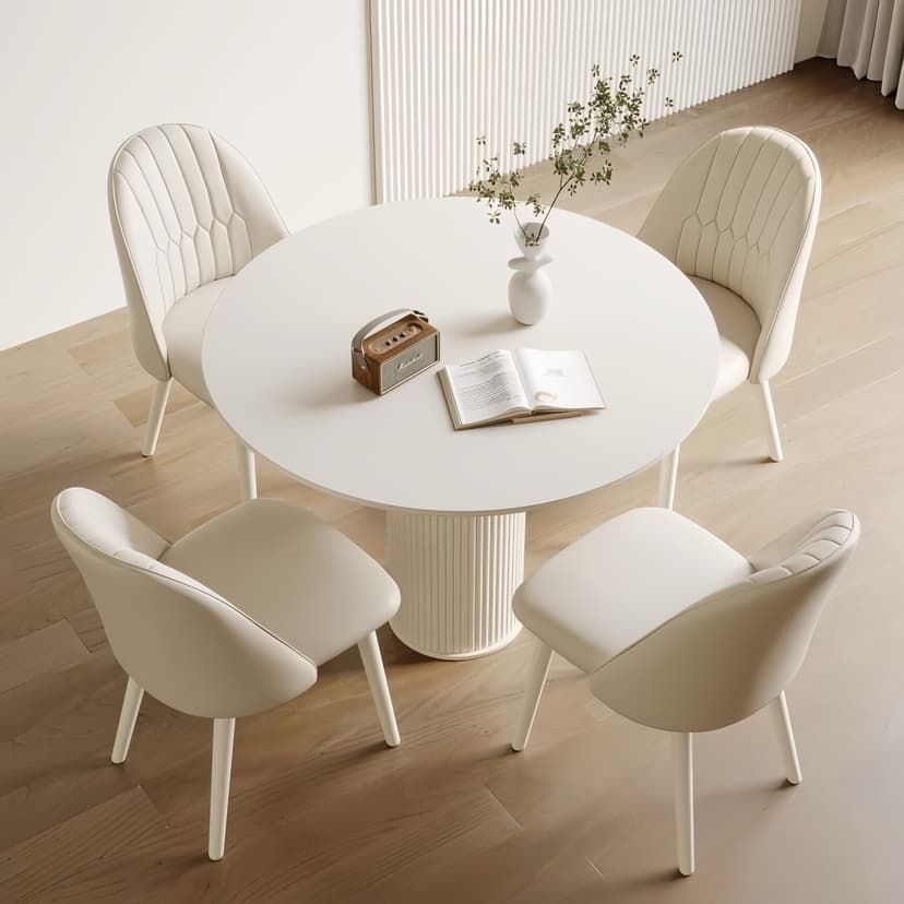 Cream-Colored Round Dining Table for Home Use in Small Apartments, Slate Board Meeting Table and Chair Set, Modern Simple Roman Column Round Table