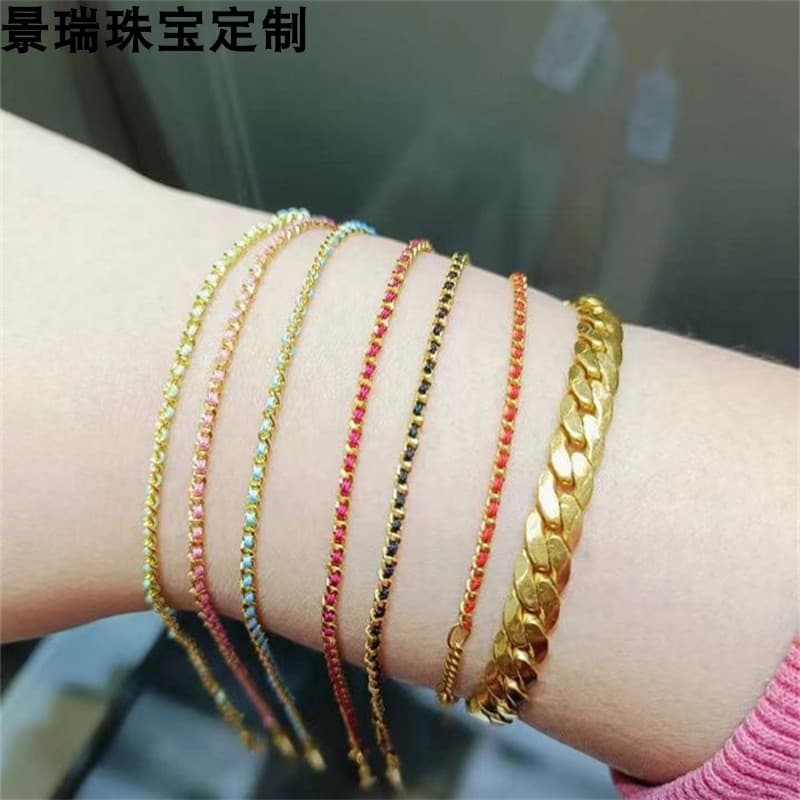 New 999 Pure Gold Side-Wrapped Gold Bracelet, Hand-Woven Colorful Red String, Black, Green, Blue, Women's Style, Gift-Giving