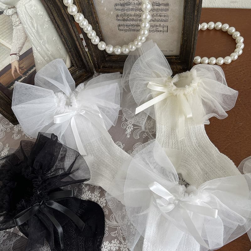 Korean Spring and Summer Baby Girl Kidsren's Thin Fruit Yarn Bow Princess Kidsren's Socks Pure Color Socks