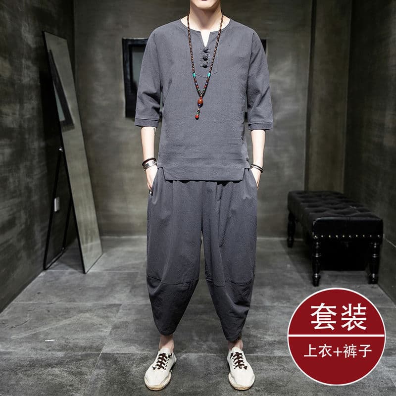 Summer Chinese Style Linen Suit Men's Short-Sleeved T-Shirt Casual Loose Ancient Style Large Size Cotton and Linen Hanfu T-Shirt