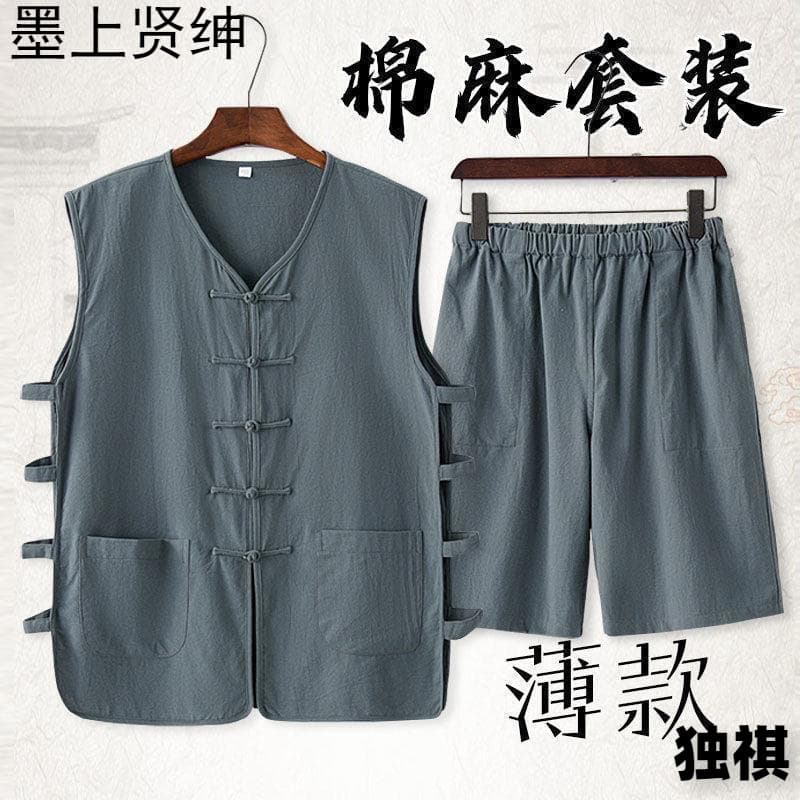Tang Suit Men's Middle-Aged and Elderly Vest Suit Summer Men's Dad's Clothing Elderly Summer Clothing Vest Grandpa Han Dynasty