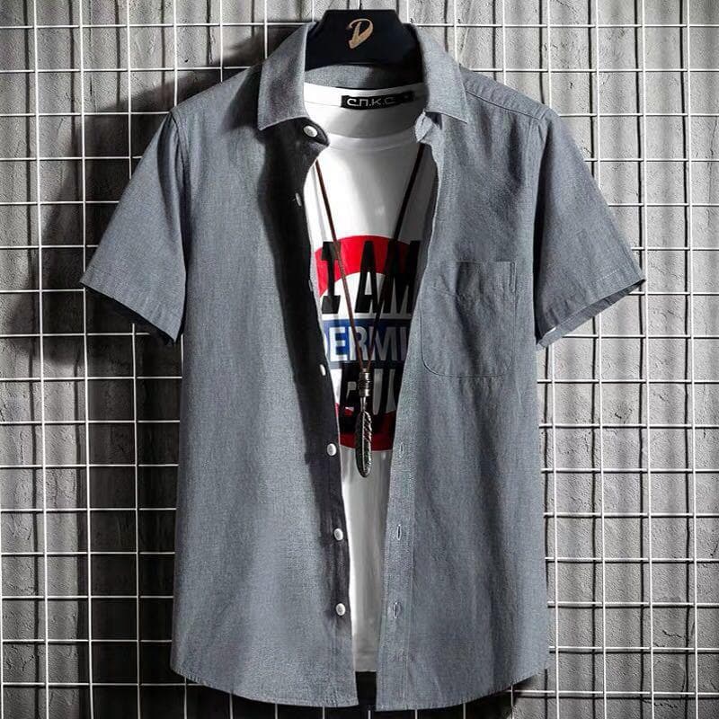Summer Short-Sleeved Shirt Men's Oxford Cotton Inch Shirt Comfortable Loose Shirt Youth Thin Non-Iron Top Jacket
