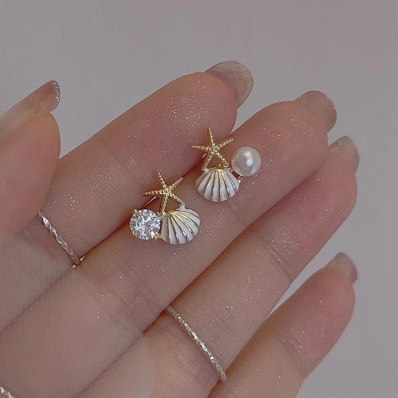 Shell Pearl Earrings Cross-Border New Style Beach Starfish Shell Earrings for Women Small Imitation Pearl Earrings