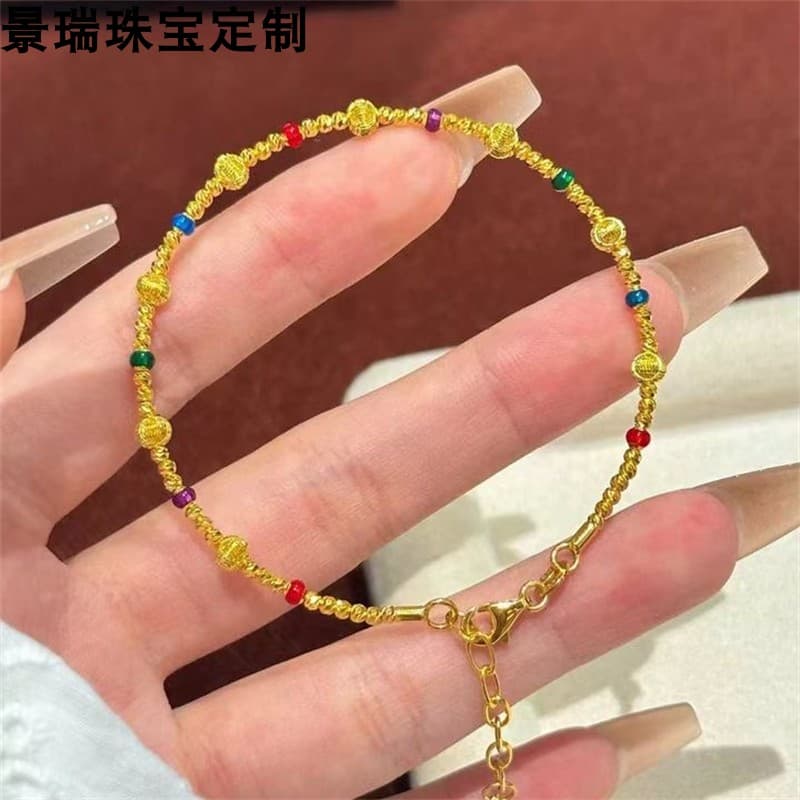 New 999 Pure Gold Women's Enamel Color Elastic Memory Wire Single Circle Disco Gold Bracelet Simple and Versatile