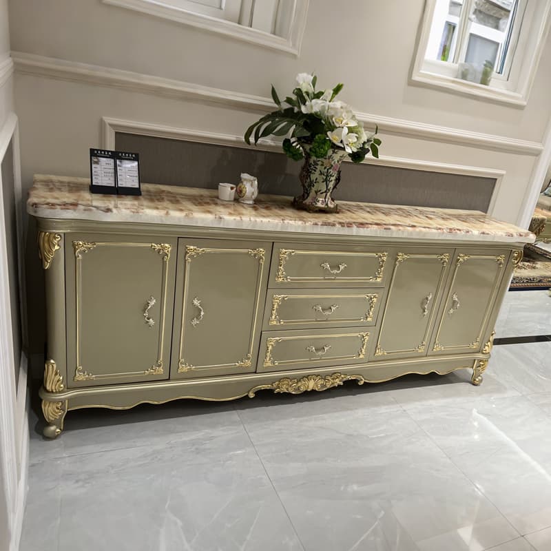 European Style 2 m Marble Surface Solid Wood Sideboard High-end Champagne Gold Sticking Gold Foil Storage Tea Cabinet Entrance Cabinet