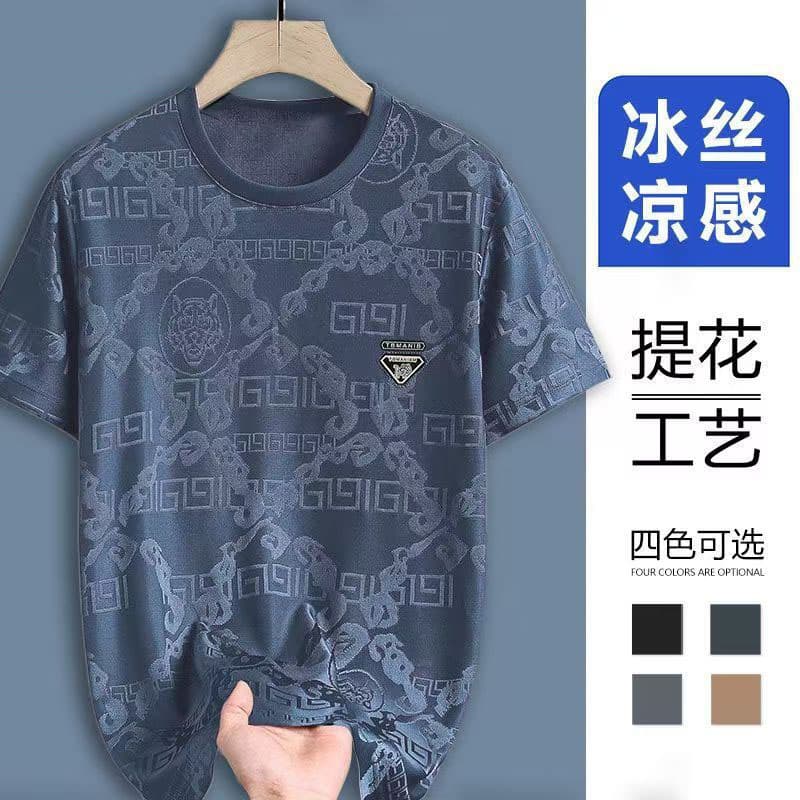 Men's Ice Silk Short-Sleeved T-Shirt Dark Pattern Jacquard Large Size Tops Quick-Drying Bottoming Shirt Business Men's Casual Slim Fit
