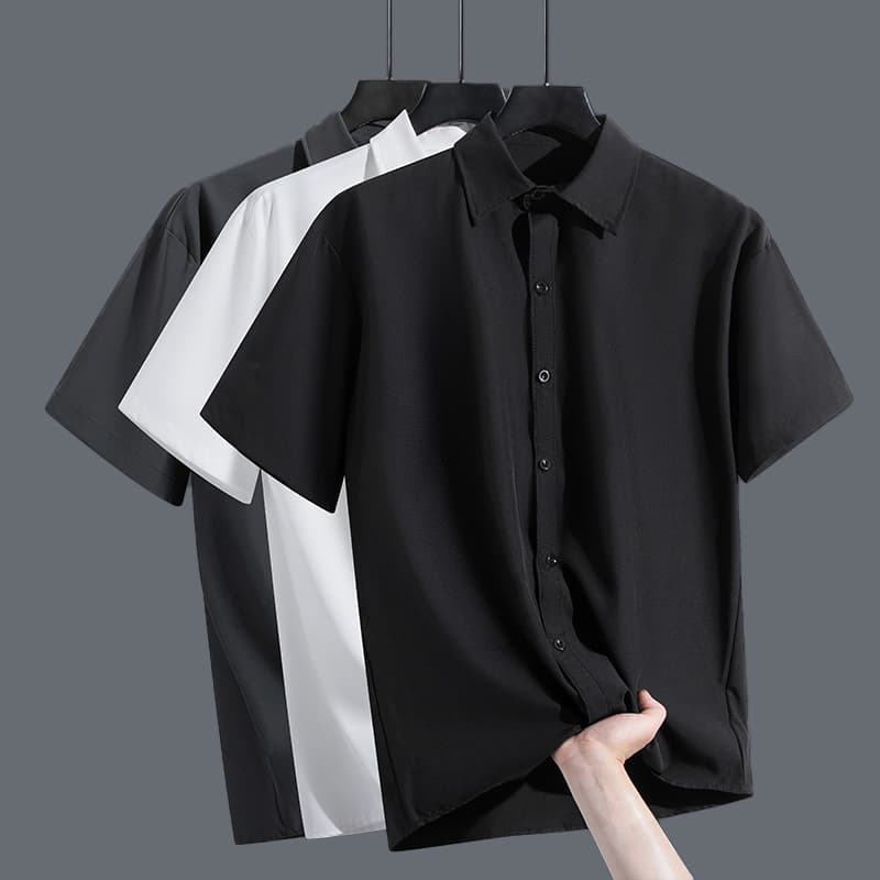 Cool Elastic Ice Silk Short-Sleeved Shirt for Men Summer New High-End Loose Boys Casual Half-Sleeved Shirt Jacket
