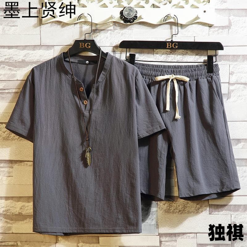 Cotton and Linen Short-Sleeved Shorts Suit for Men, Chinese Style, Summer Trend, Middle-Aged and Elderly Dad, Linen Casual Sports Two-Piece Set