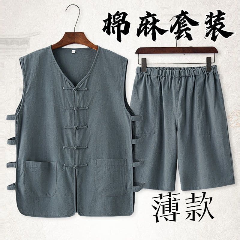 Summer Cotton and Linen Thin Tang Suit Men's Vest Sleeveless Vest Set with Button-Up Retro Undershirt Jacket Old Man's Shirt