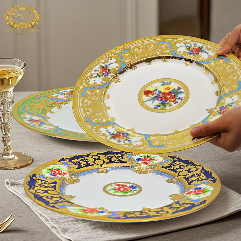 European-Style High-End Bone China Embossed Gold 12inch Flat Plate Steak Plate Salad Plate Round Plate Household Dish Plate
