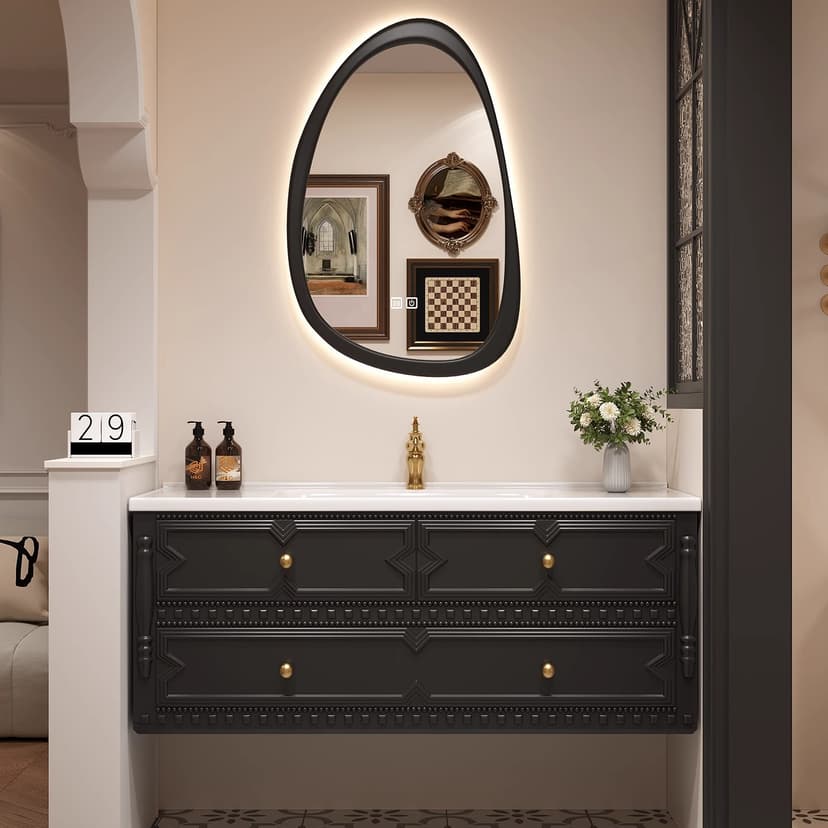 French-Style Vintage Oak Bathroom Cabinet Set with Integrated Ceramic Washbasin, Bathroom Vanity with Slate Countertop and Mirror