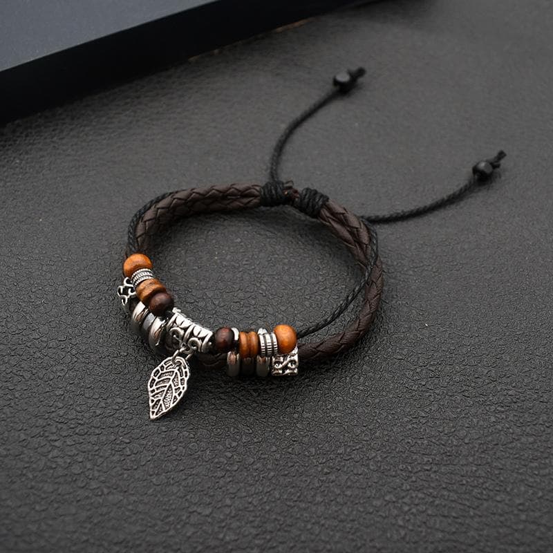 Weaving Bracelet Cross-Border New Vintage Leather Hand-Woven Bracelet Leaf Ethnic Style Bracelet