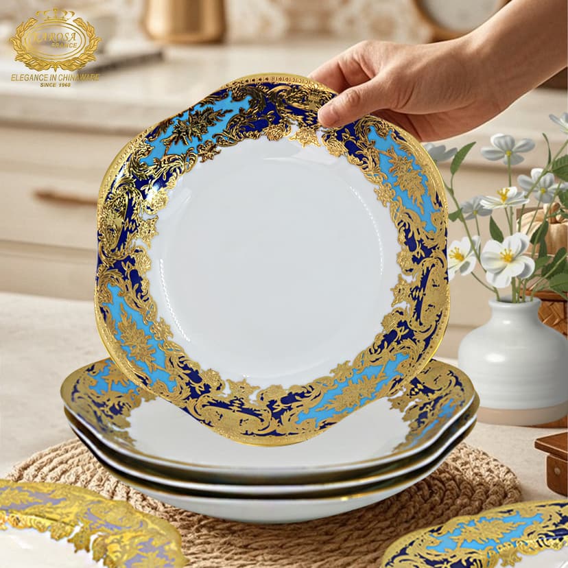 European Style 2025 New Bone China Embossed Gold 8inch Deep Dish Plate for Home Use with a High-End Feel 8.5inch Straw Hat Soup Plate