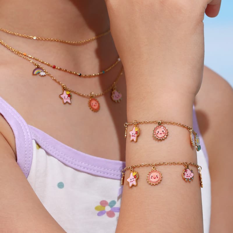 Cute and Playful Children's Jewelry Set with Oil-Drip Design Featuring Sun, Stars, and Clouds, Including Necklace, Bracelet, and Anklet, Made of Titanium Steel for Girls