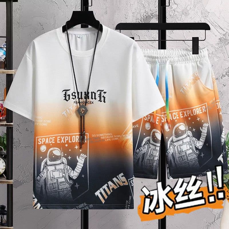 Men's Summer Ice Silk Suit Trendy Brand T-Shirt Short-Sleeved Shorts Gradient Color Casual Sports Clothes Men's Two-Piece Set