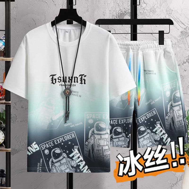 Men's Youth New Summer Ice Silk Suit Gradient Color Short-Sleeved Shorts Casual Sports Suit Sports Men's Clothing
