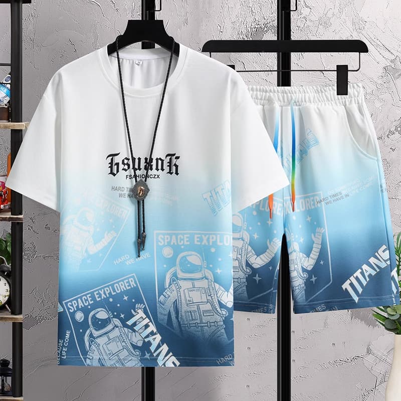 Fashionable New Boys' Ice Silk T-Shirt, Men's Youth Shorts, Casual Sports Suit, Handsome Two-Piece Top