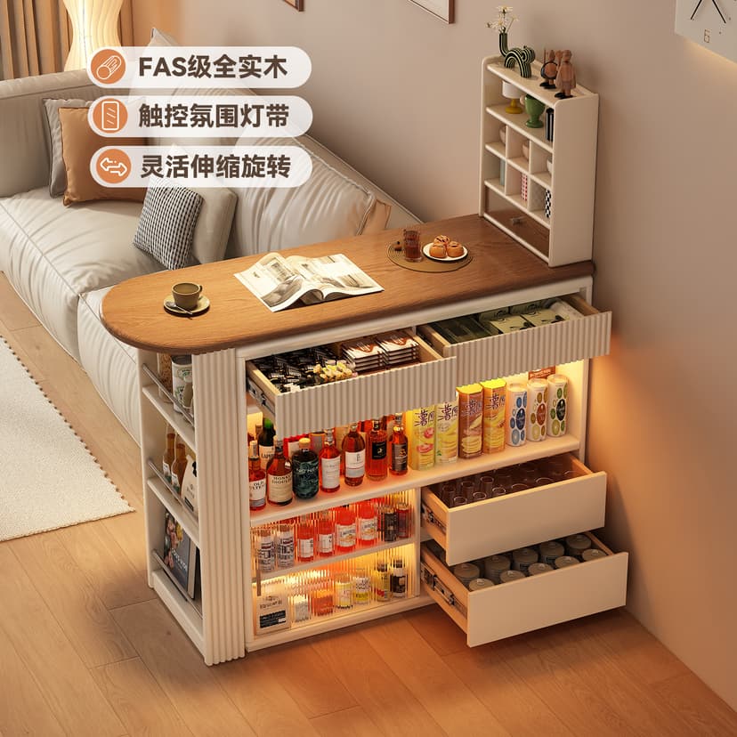 Retractable Solid Wood Bar Table Home Small Apartment Balcony Partition Narrow Island Sideboard Integrated Sofa Side Cabinet