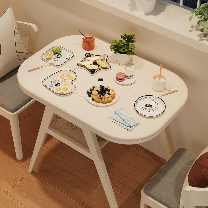 Space-Saving Dining Table with Integrated Induction Cooker, Cream-Style Rectangular Balcony Exquisite Small Table and Chairs Made of Solid Wood
