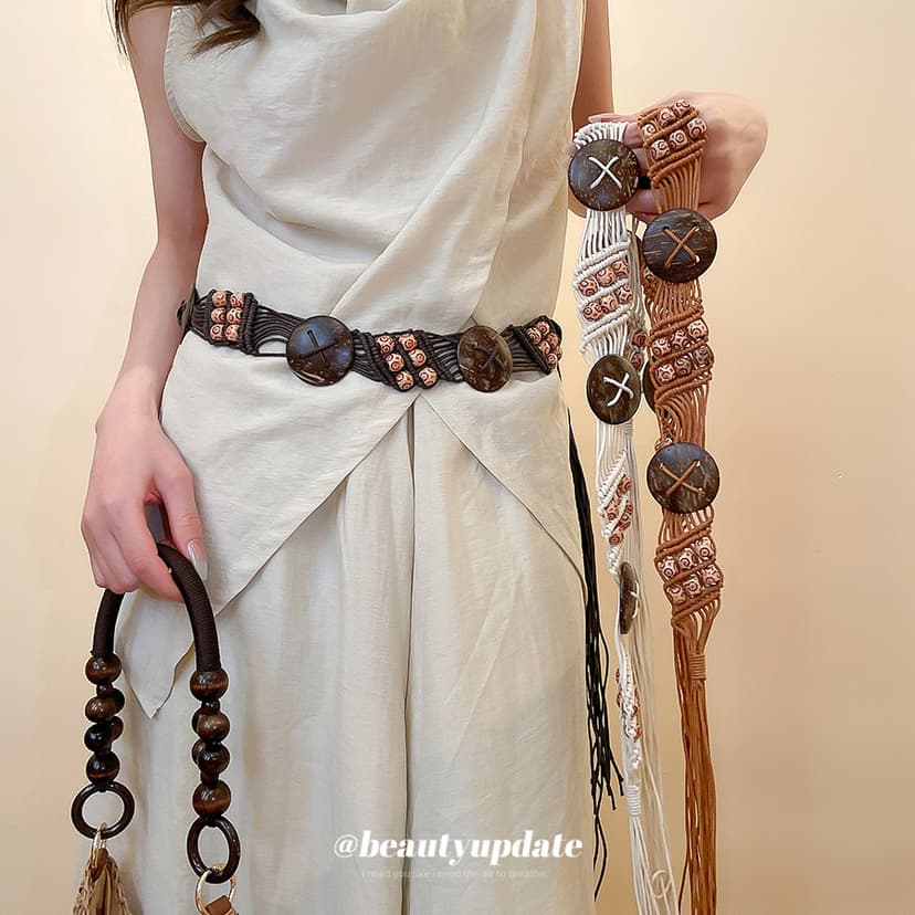 Bohemian Wax Rope Woven Wooden Beads Coconut Shell Beaded Waist Chain Ethnic Style Belt Niche Design Waist Accessory