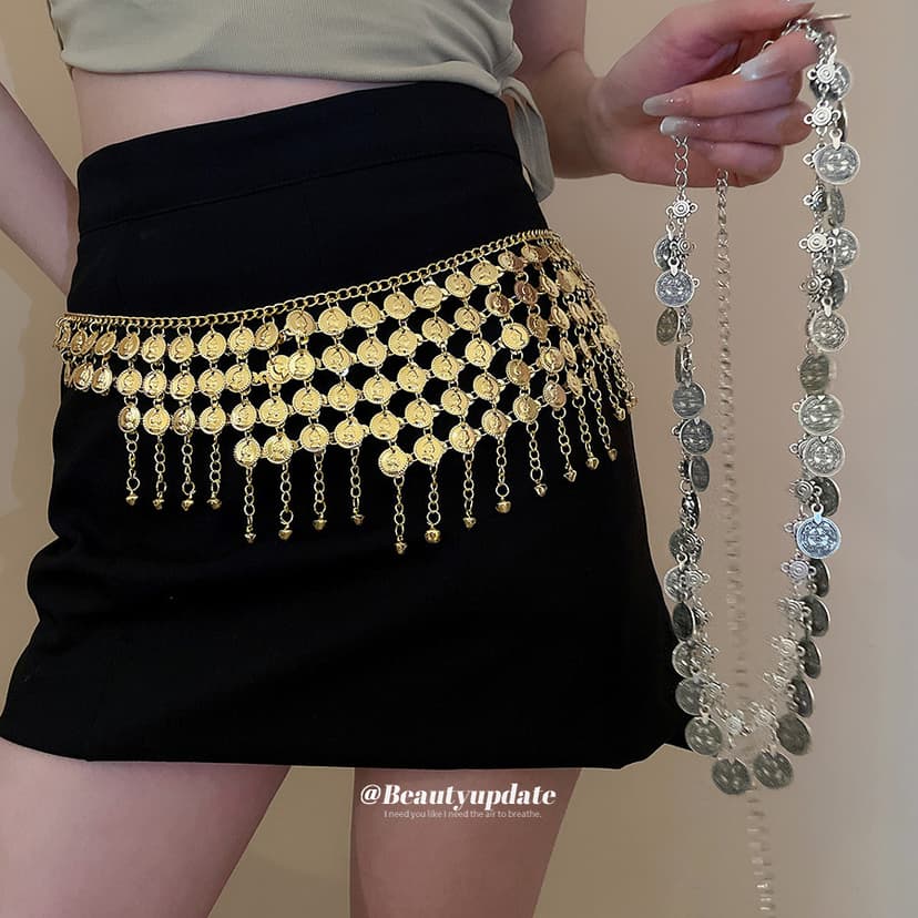 European and American Cross-Border Metallic Geometric Round Tassel Pendant Waist Chain, Fashionable and Versatile Belt, Niche Design Waist Accessory