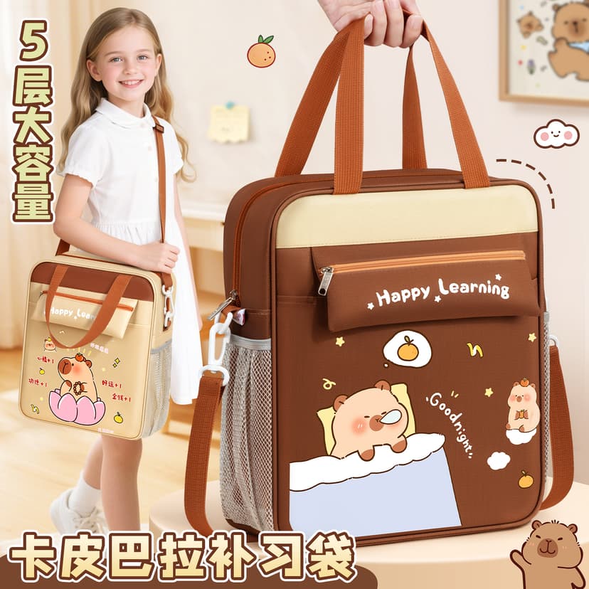 Kapibala Elementary School Student's Portable Book Bag, Tutoring Bag, Large Capacity, Thickened Art Bag, Canvas Bag for Boys and Girls for Tutoring