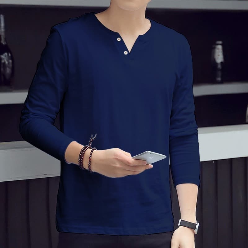 Cheap Autumn and Winter Thin Long-Sleeved T-Shirt for Men, Loose and Versatile, Solid Color Basic Style, Simple Casual V-Neck Top