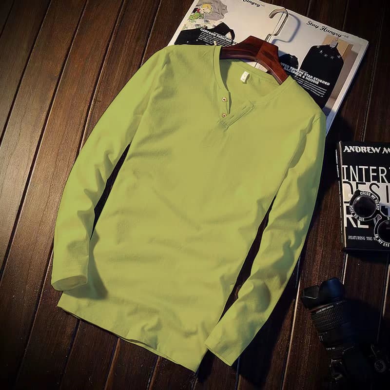 Clearance Sale~ Autumn Long-Sleeve T-Shirt for Men, Loose Fit, Versatile, Trendy Solid Color Top, Simple Casual V-Neck Base Shirt